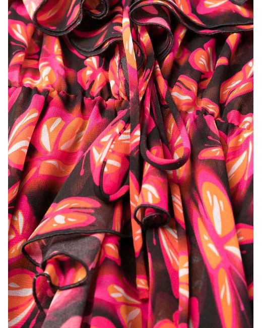 MSGM Red Ruffled Dress With Butterfly Pattern