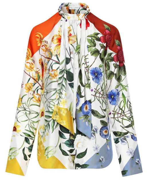 Oscar de la Renta Floral-print Pussy-bow Silk Shirt in White | Lyst