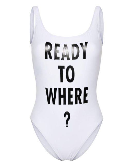 Moschino White Slogan-print Scoop-neck Swimsuit