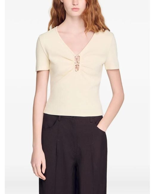 T-Shirt Con Scollo A V di Sandro in Natural