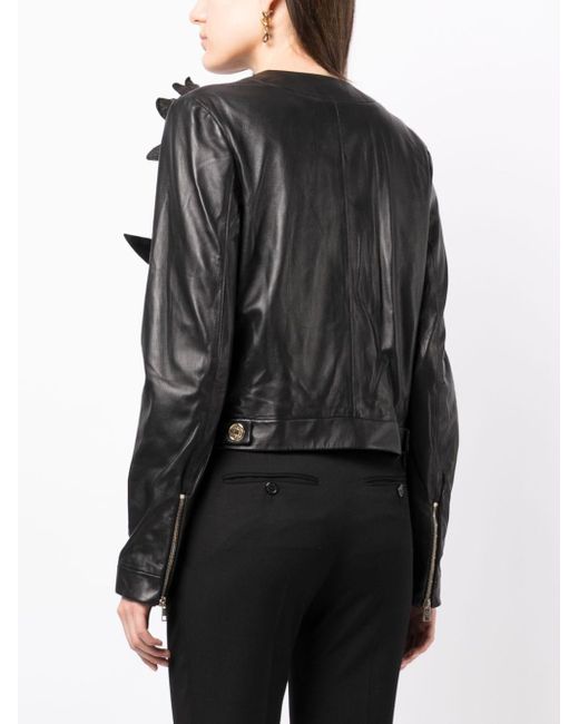 Elie Saab Black Floral-embroidered Leather Jacket