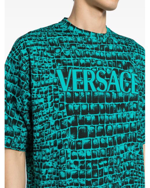 T-Shirt En Coton À Imprimé Coccodrillo Versace pour homme en coloris Blue