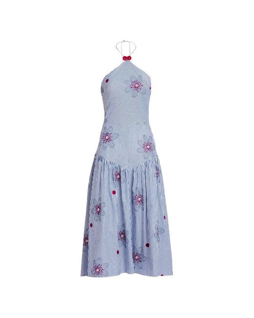 Silvia Tcherassi Blue Ares Floral-Embroidered Striped Midi Dress
