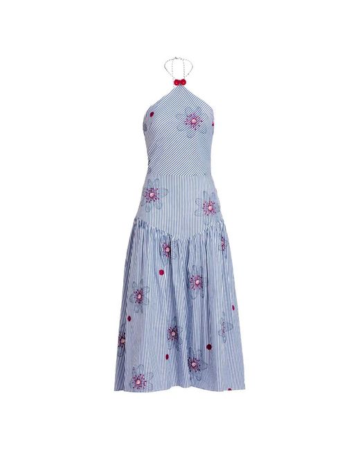 Silvia Tcherassi Blue Ares Floral-Embroidered Striped Midi Dress