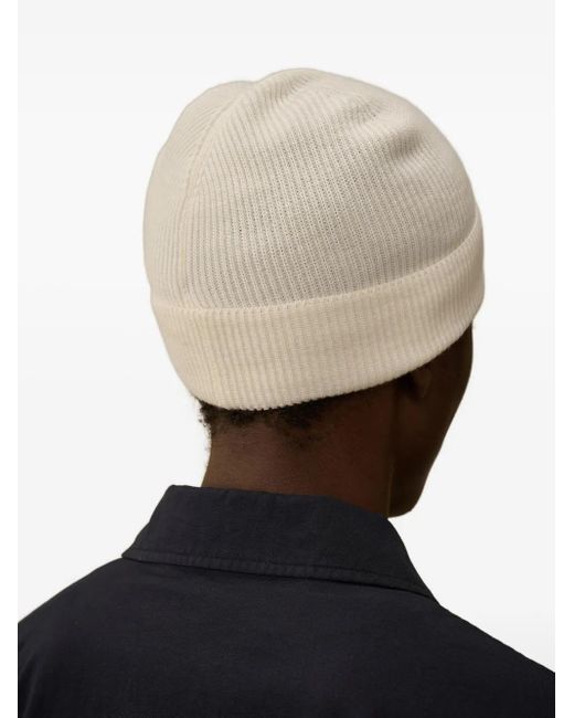 C P Company Natural Ribbed-Wool Logo-Patch Beanie Hat for men