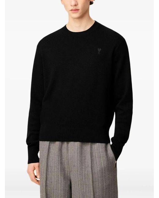 AMI Black Wool Crewneck Sweater With Contrasted Ami De Coeur for men