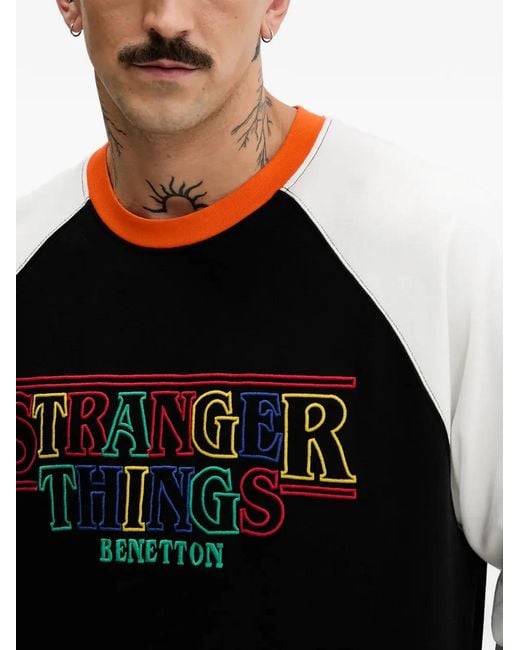 Benetton Black Stranger Things Raglan-Sleeve Sweatshirt for men