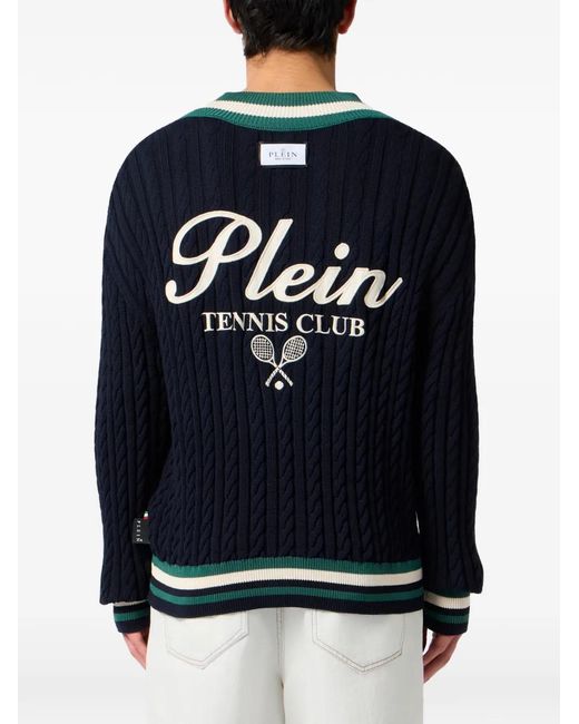 Philipp Plein Blue V-Neck Pullover Plein Tennis for men