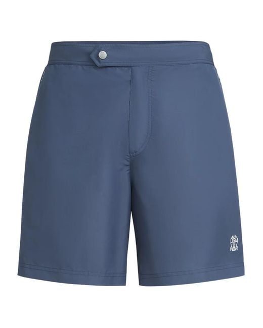 Brunello Cucinelli Blue Tabbed Waistband Piping Swim Shorts for men