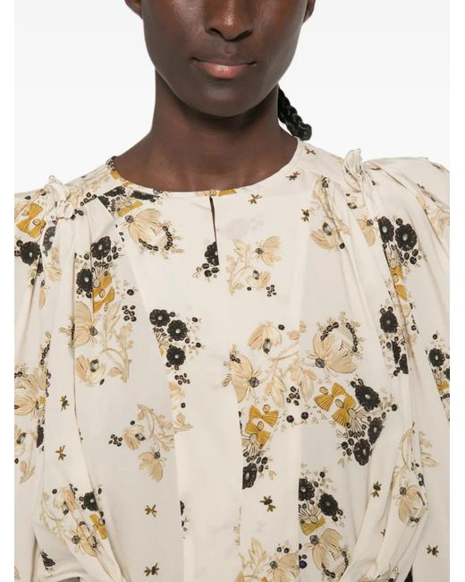Isabel Marant White Zarga Floral-Print Puffed-Sleeve Blouse