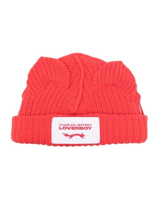 Charles Jeffrey Red Chunky Ears Knitted Beanie for men