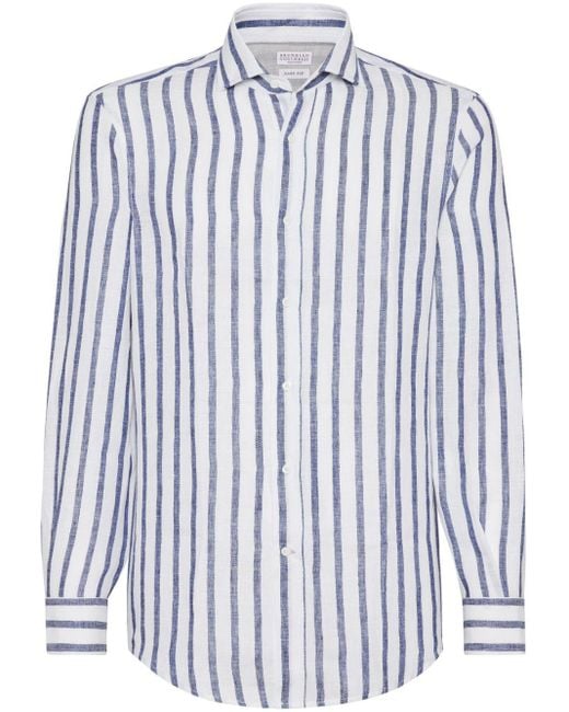 Brunello Cucinelli Blue Striped Linen Shirt for men