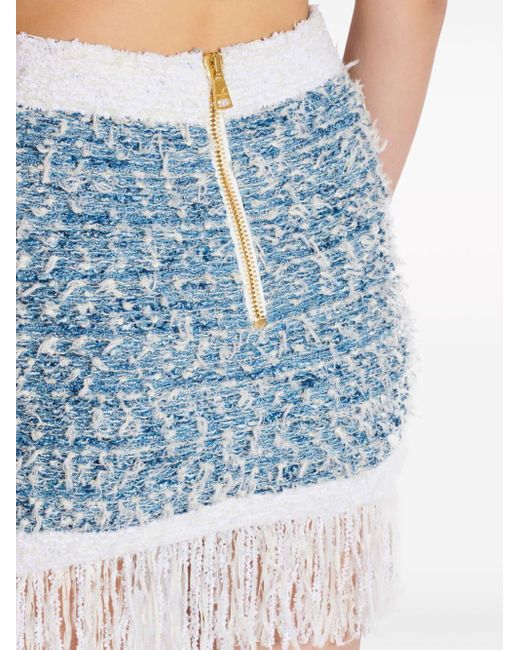 Minifalda de tweed con flecos Balmain de color Blue