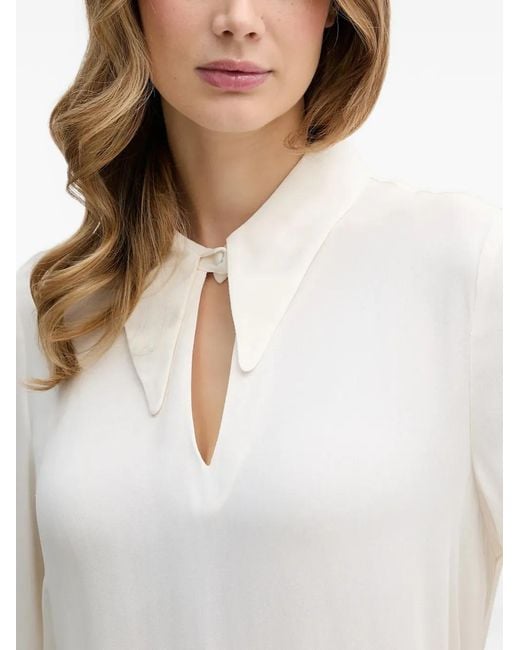 Pedro Del Hierro Madrid White Feather-Trim Keyhole Blouse