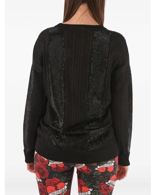 Philipp Plein Black Crystal-Embellished Cable-Knit Sweater