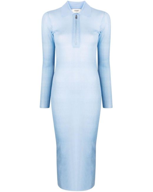 Fendi Blue Half-zip Ribbed Midi Dress