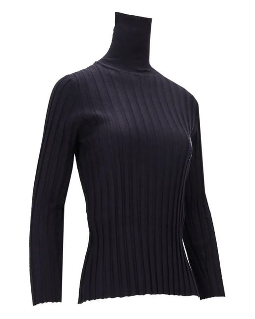 LA ROSE Blue High-Neck Ribbed Top