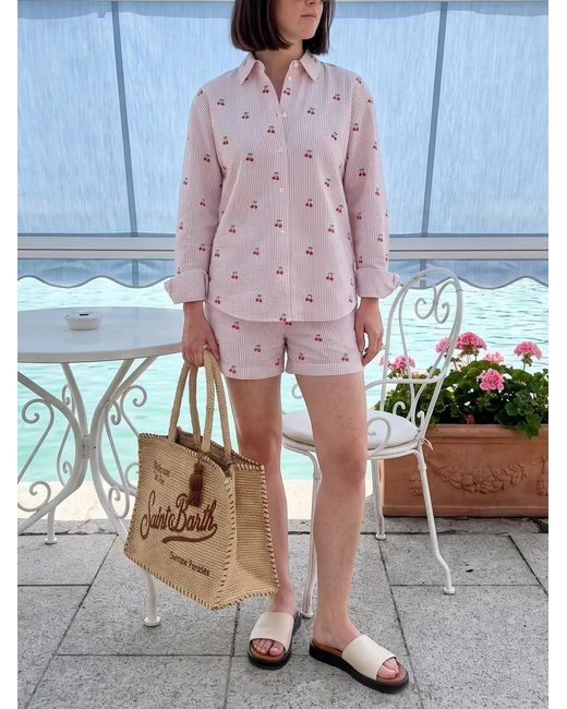 Mc2 Saint Barth White Meredith Cherry-Embroidered Stripe-Pattern Shirt