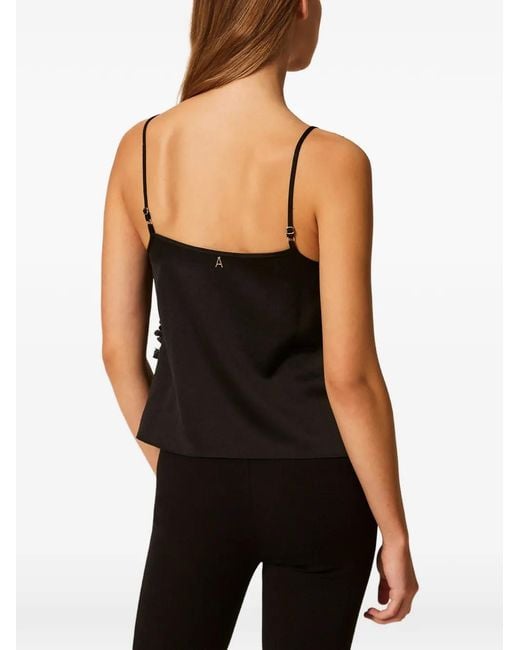 Twinset Black Crêpe De Chine And Tulle Top With Flowers
