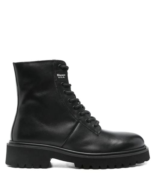 Blauer Black Lace-Up Leather Biker Boots for men