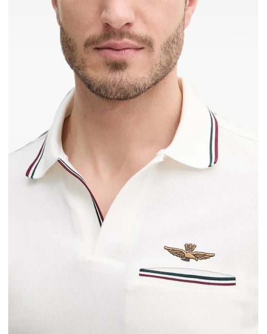 Aeronautica Militare White Logo-Embroidered Striped-Trim Polo Shirt for men