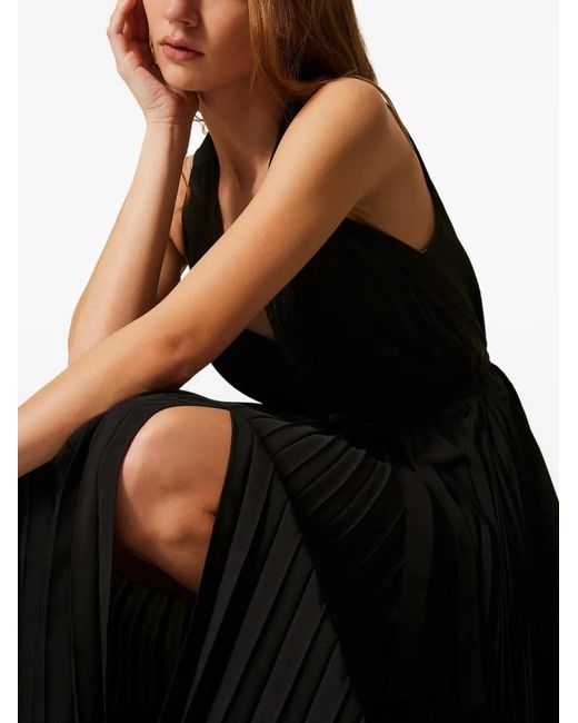 Twinset Black Pleated V-Neck Midi Dress