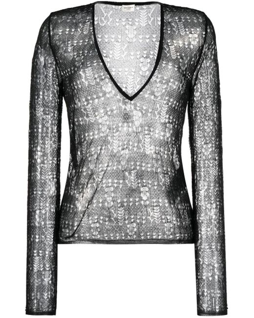 Saint Laurent Black Open-Knit Semi-Sheer Top