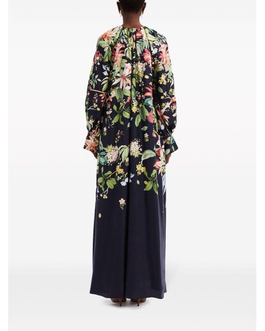 Oscar de la Renta Blue Flora & Fauna-print Silk Kaftan Maxi Dress