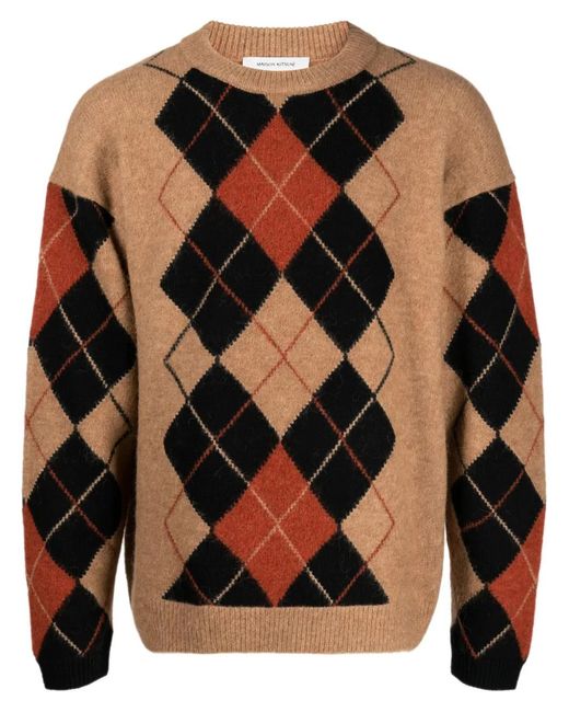 Maison Kitsuné Black Argyle-Pattern Crew-Neck Jumper for men