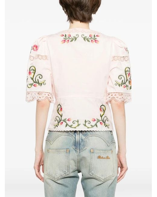 Farm Rio Pink Flower Embroidered Puff-Sleeve Blouse