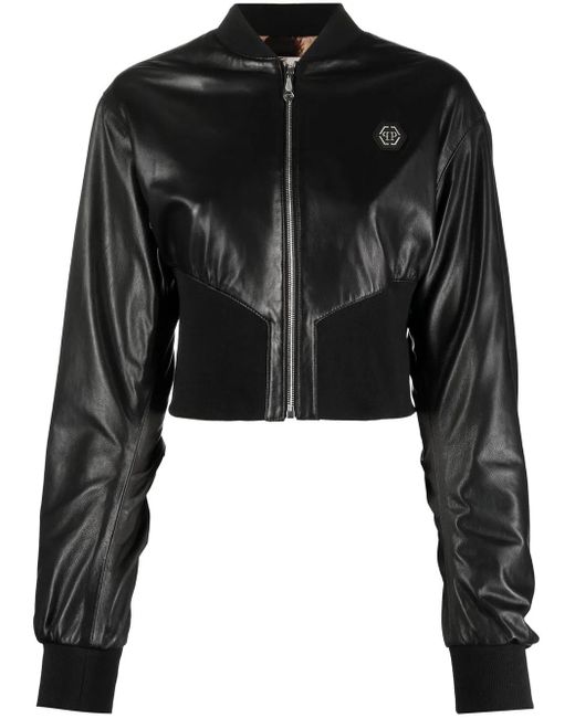 Philipp Plein Black Leather Bomber Jacket