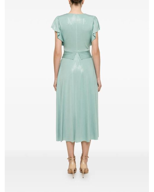 Nissa Green Glossy-Effect Ruffled Midi Dress