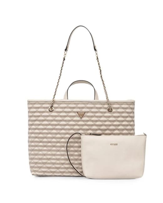 Guess White Giully Quilted Striped Tote Bag