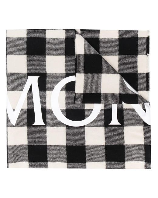 Moncler Black Logo Print Checked Scarf for men