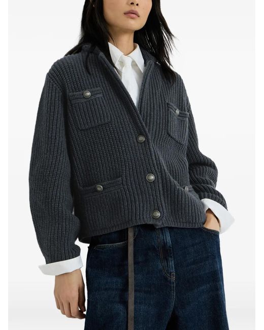 Brunello Cucinelli Blue Cashmere Feather Yarn English Rib Cardigan