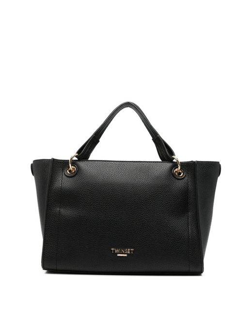 Twinset Black Logo-Plaque Pebbled Tote Bag