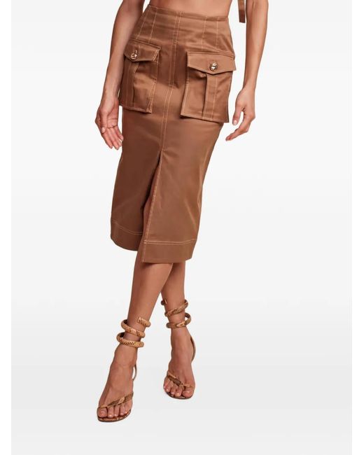 Hevron Brown Contrast-Stitch Flap-Pocket Midi Skirt