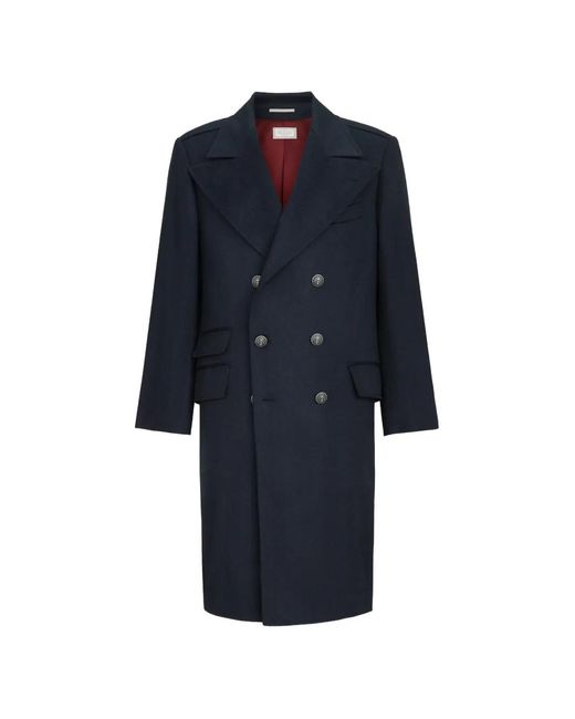 Brunello Cucinelli Blue Manteau Boutonné En Cachemire À Chevrons Et Boutons En Métal for men