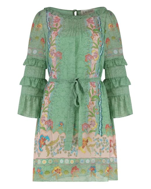 Saloni Green Lori Floral-Print Mini Dress
