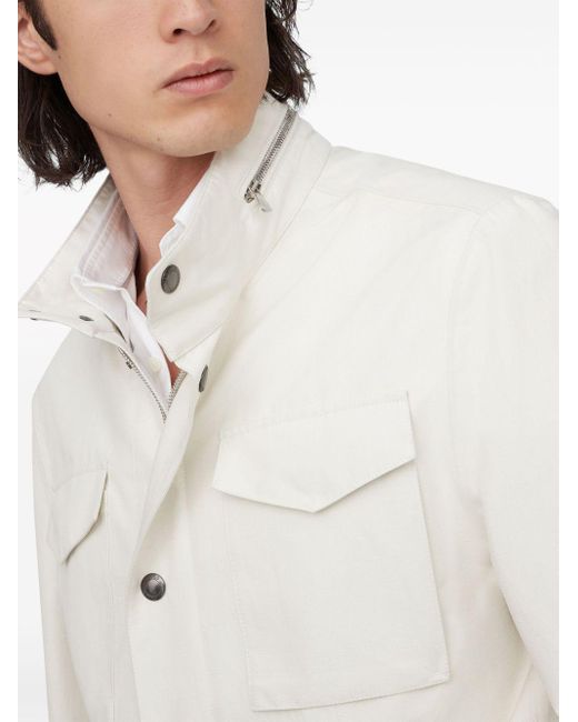 Brunello Cucinelli White Stand-up Collar Linen-blend Coat for men