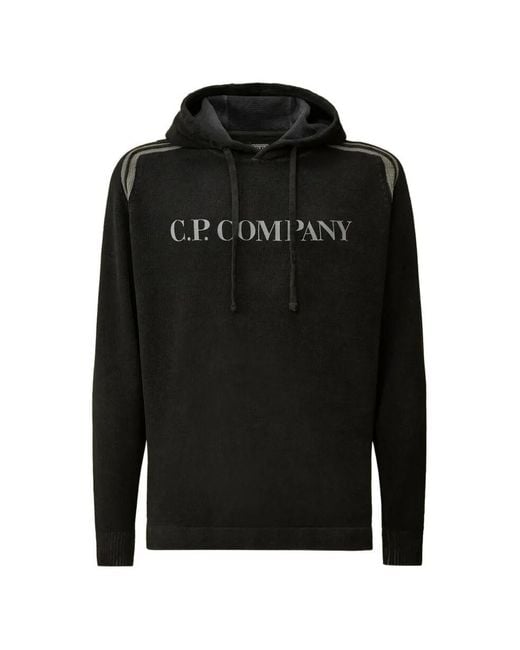 C P Company Black Cotton Chenille Double Dyed Hoodie for men