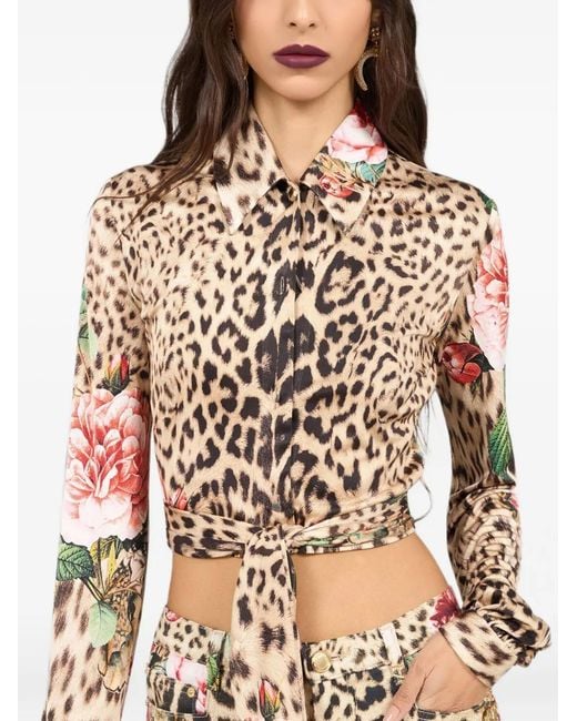 Roberto Cavalli White Floral Leopard-Print Shirt