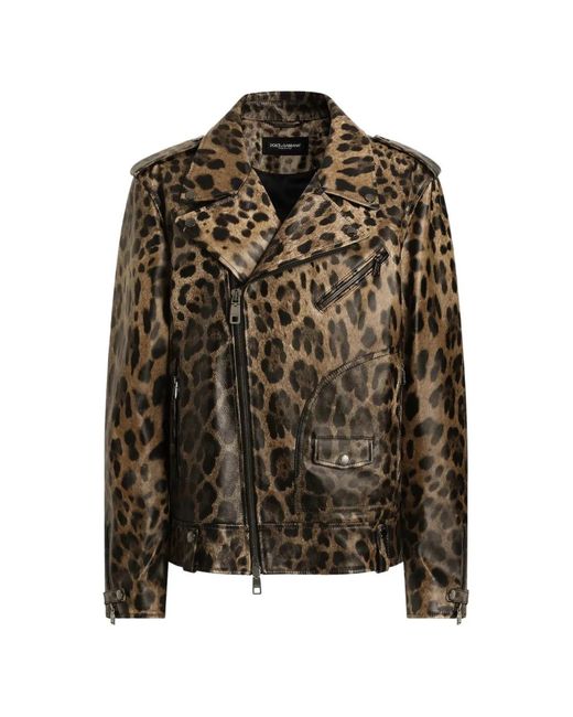Dolce & Gabbana Brown Leo-Print Leather Jacket