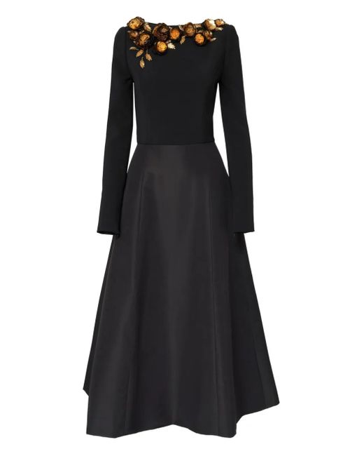 Robe Mi-Longue À Fleurs Brodées Carolina Herrera en coloris Black