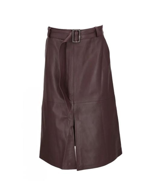 Isaia Brown Belted Front-Slit A-Line Midi Skirt