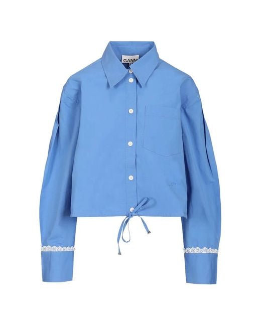 Ganni Blue Lace-Trim Crop Shirt