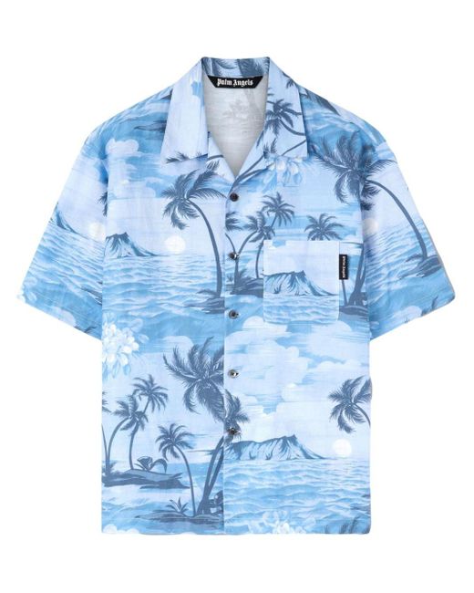 Palm Angels Leinengemisch-Hemd mit Sunset-Print in Blue für Herren