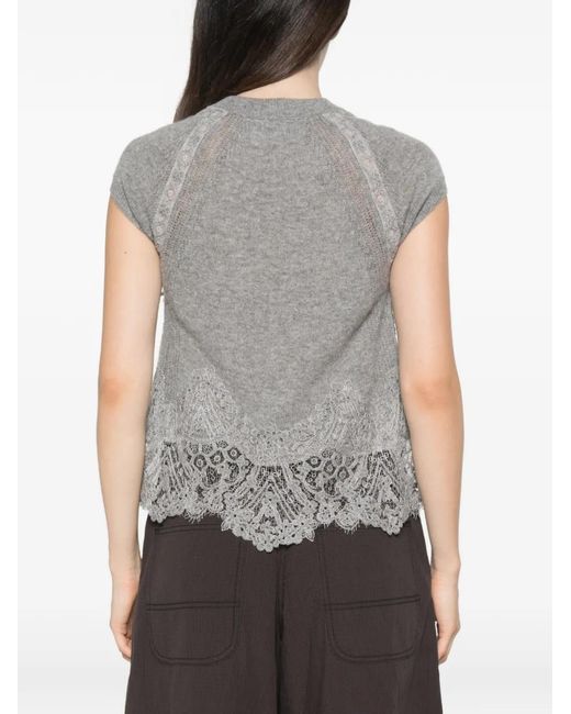 Ermanno Scervino Gray Lace-Trim Knitted Top