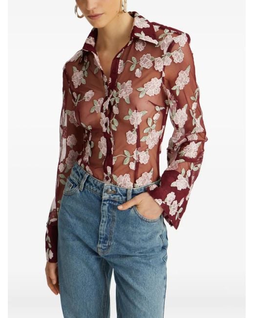 ROTATE BIRGER CHRISTENSEN Purple Semi-Sheer Burgundy Shirt With Floral Embroidery