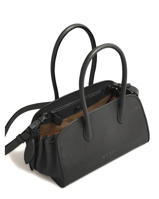 Marni Black Tulipea Drawstring Leather Tote Bag